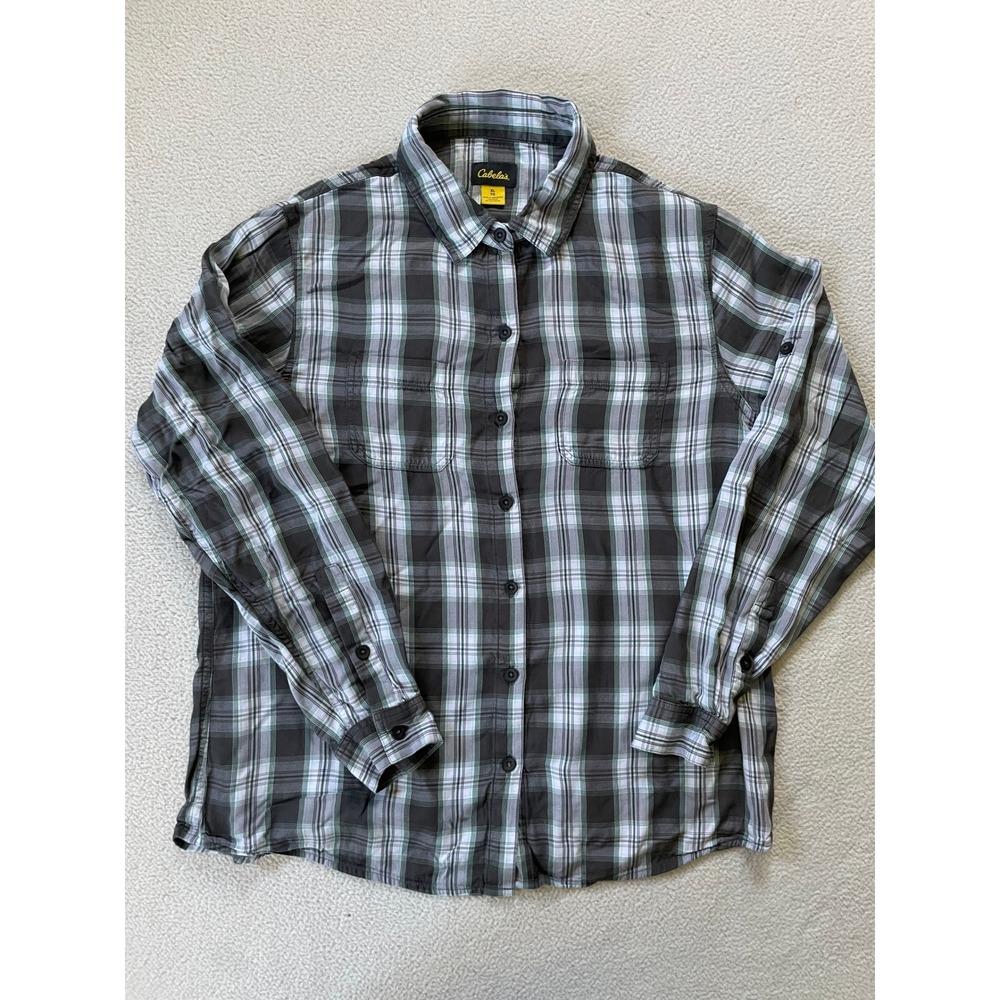 Cabela's Womens Extra Large Button Down Shirt Grey Plaid Roll Tab Sleeve